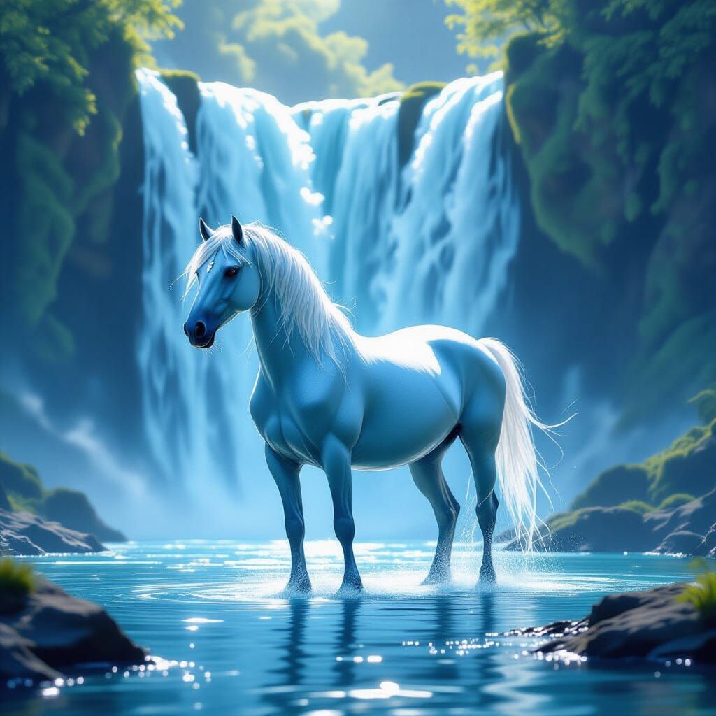 Majestic Water Horse by Waterfall in Fantasy Art Style