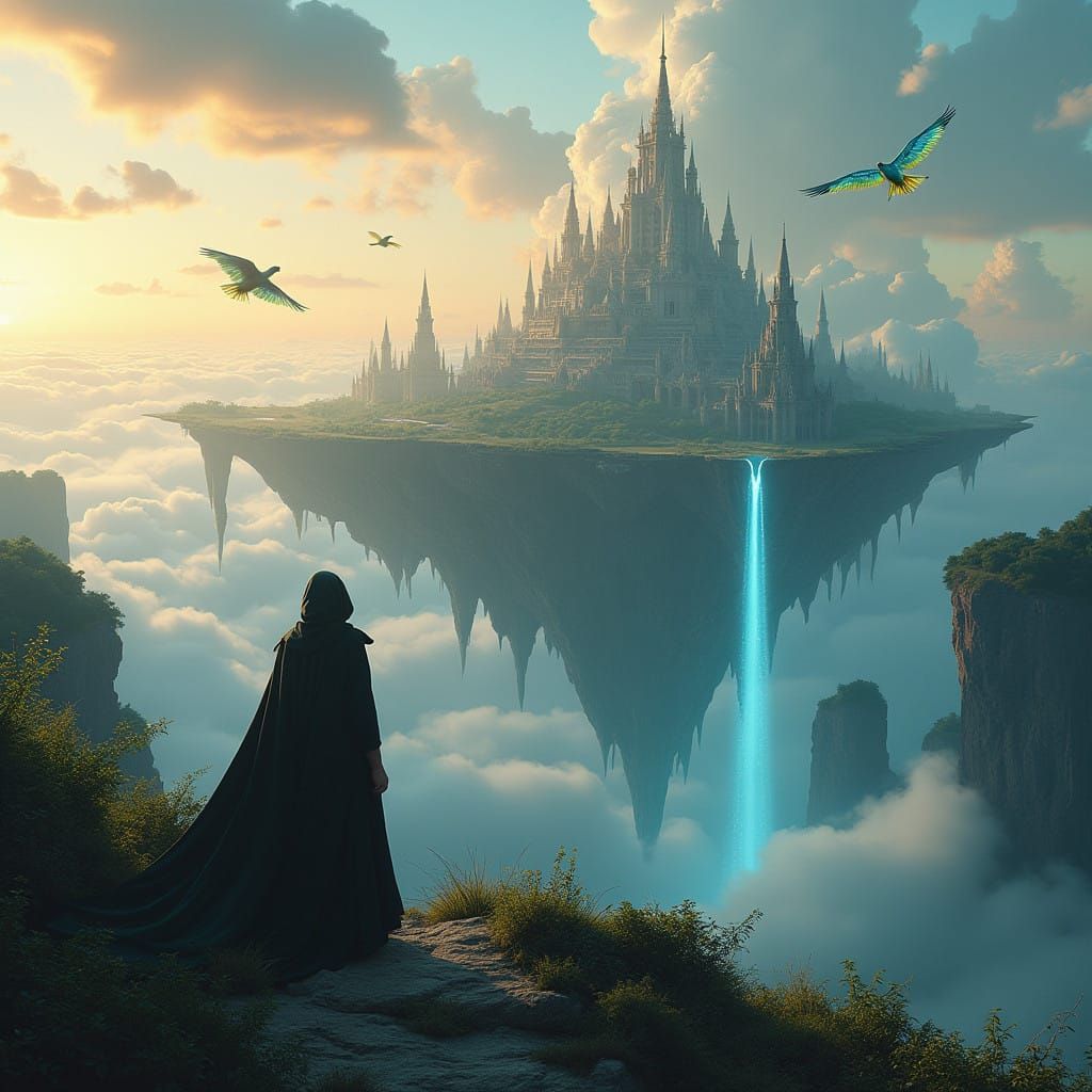 Ethereal Metropolis on Floating Islands with Waterfalls and...