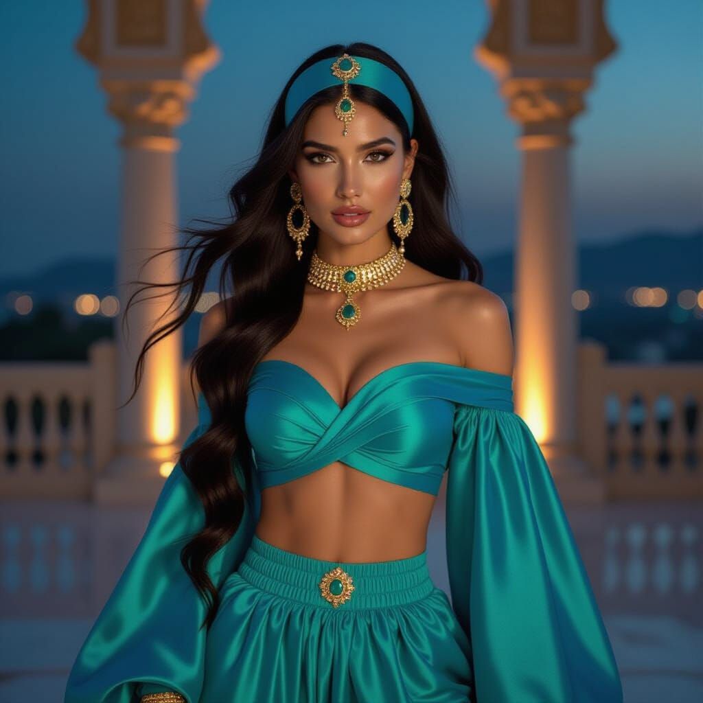 Elegant Woman on Palace Terrace at Night - Photorealistic