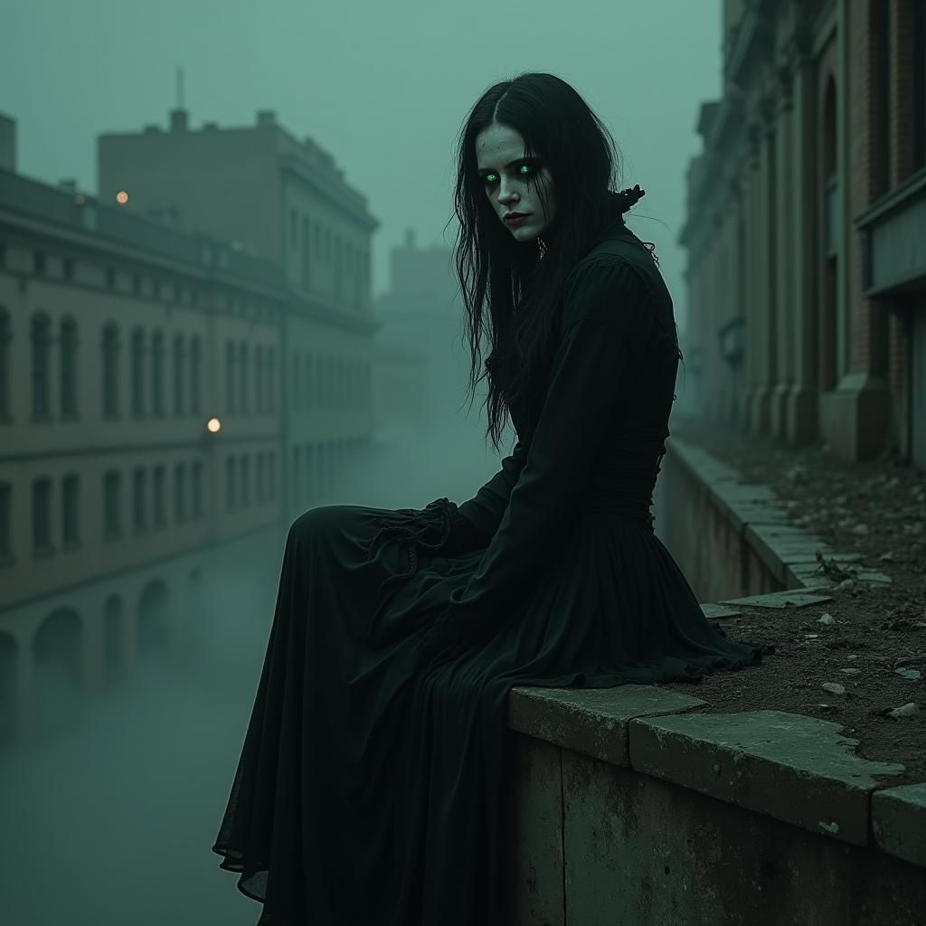 Ghost in Victorian Dress on Decaying Building