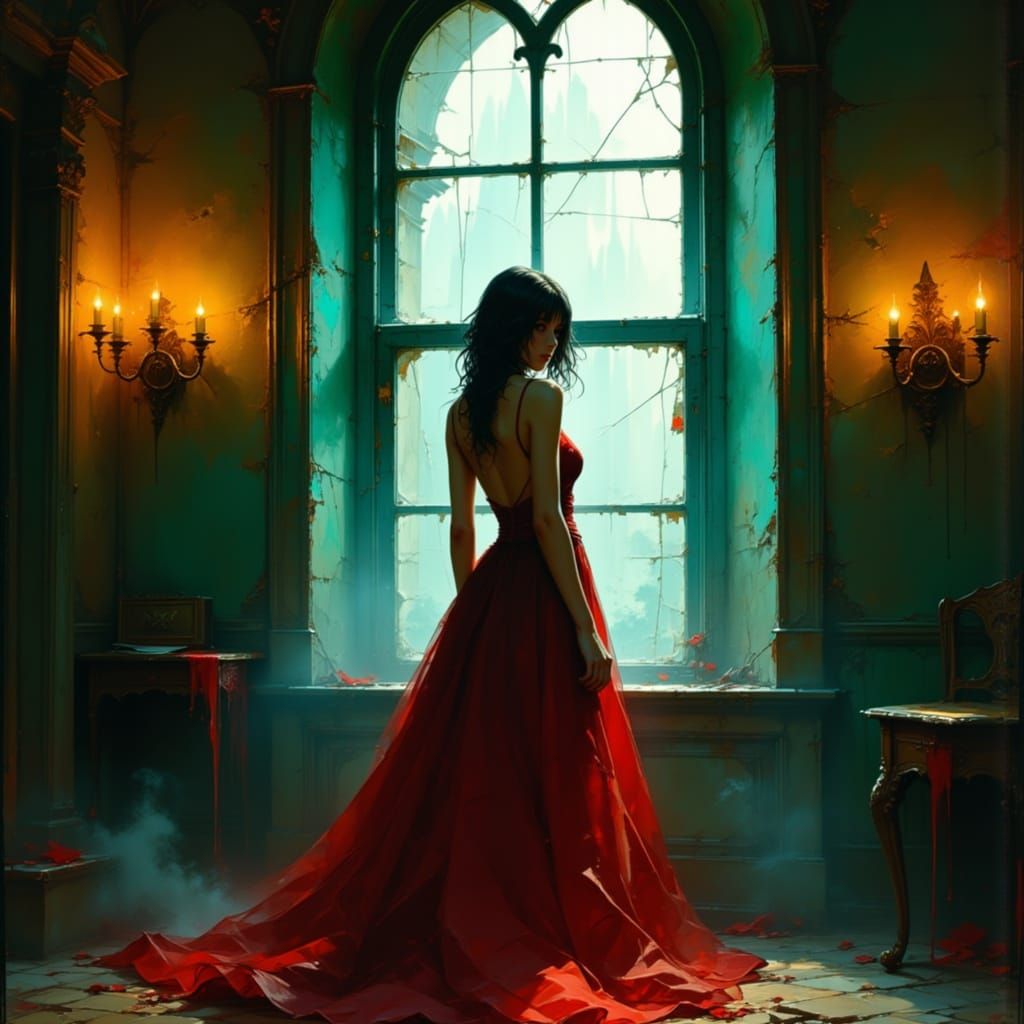 Dramatic Woman in Gown by Weathered Window