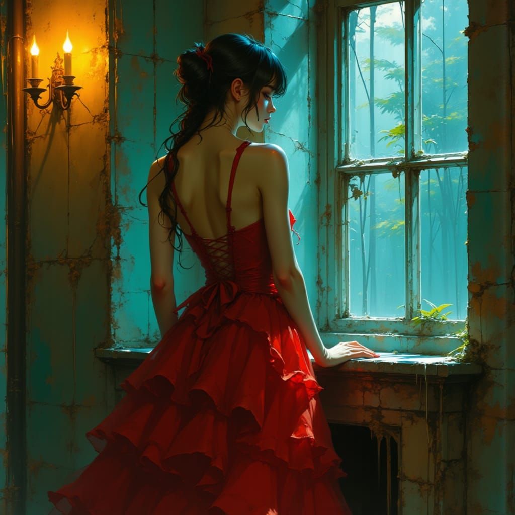 Woman in Red Gown by Cracked Window