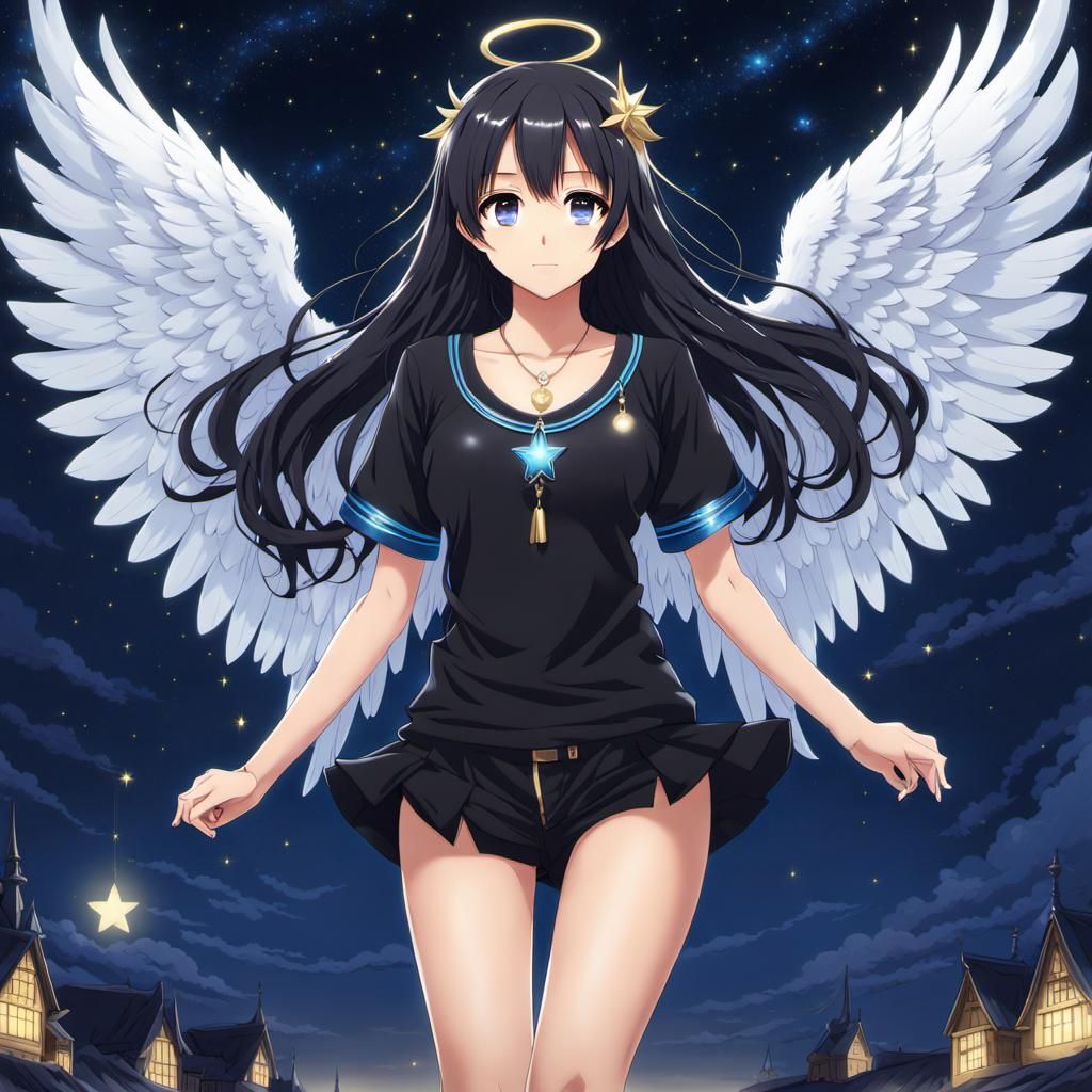 Anime Angel with Black Hair and Wings