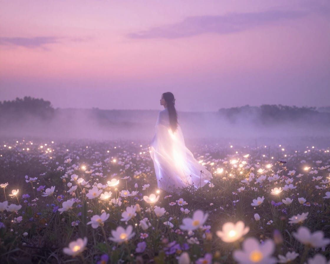 Mysterious Woman in Dreamy Landscape with Luminous Flowers