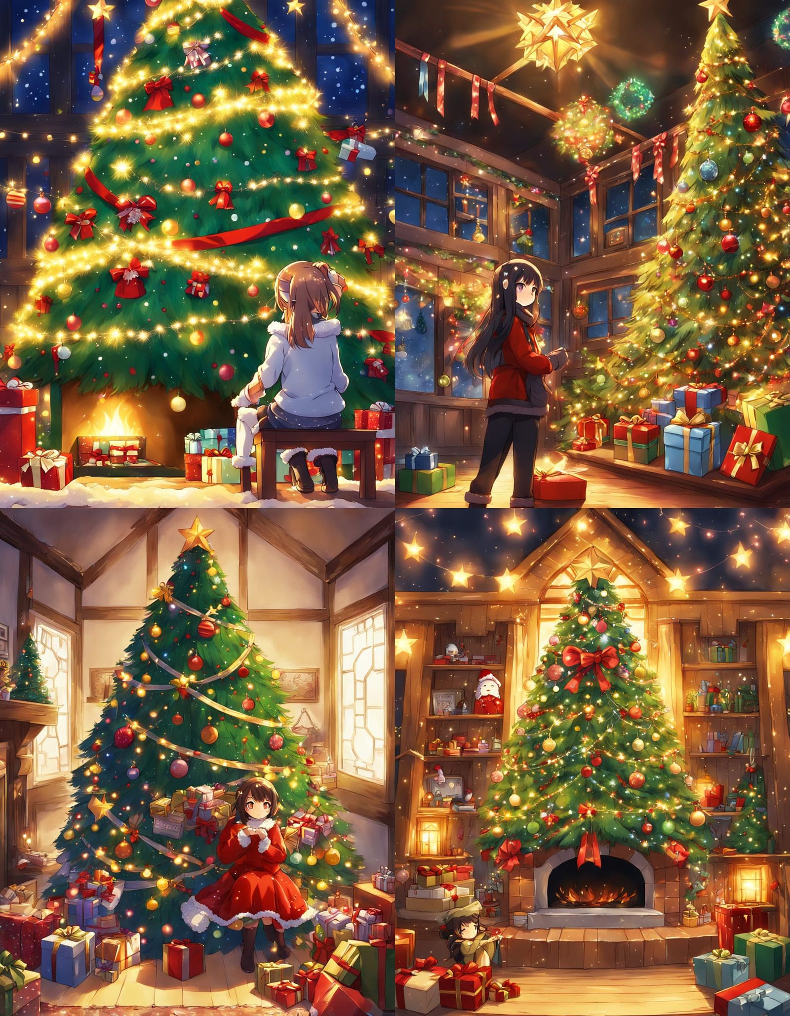 Cozy Christmas Scene with Anime-Inspired Girl Decorating Tre...