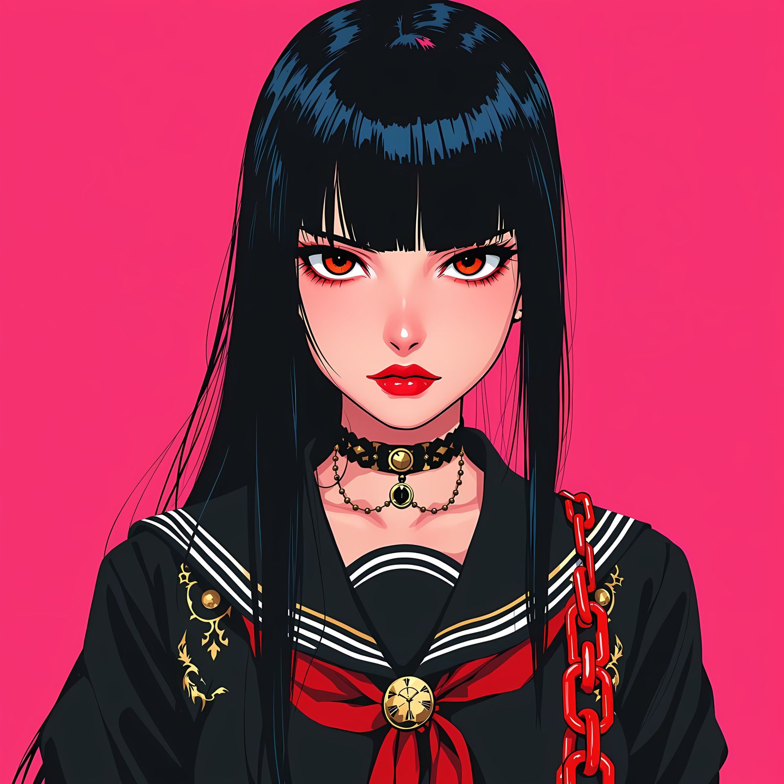 Anime-Style Girl in Bold Sailor Outfit, Pink Background