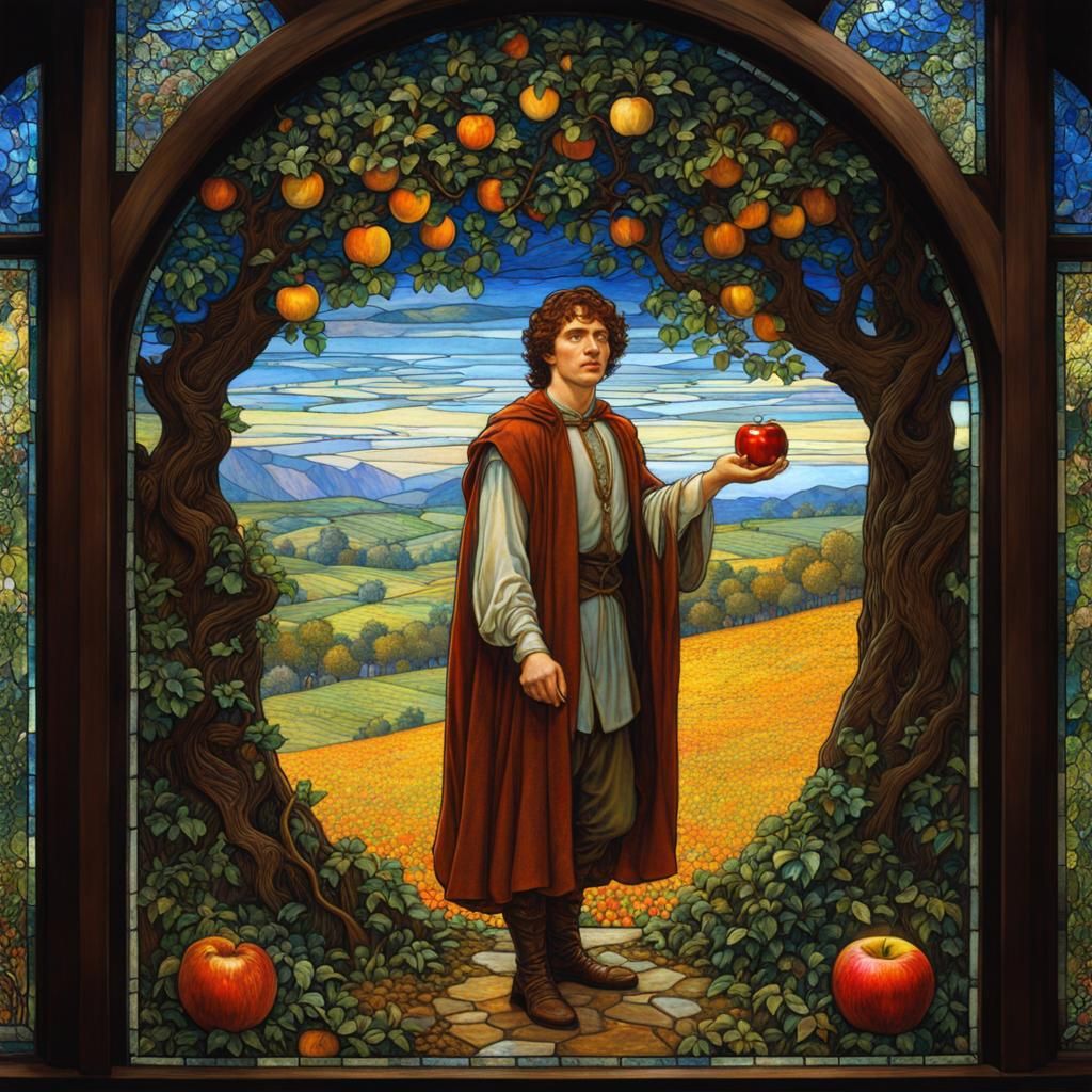 Leaded Glass Hobbit Window in Art Nouveau Style