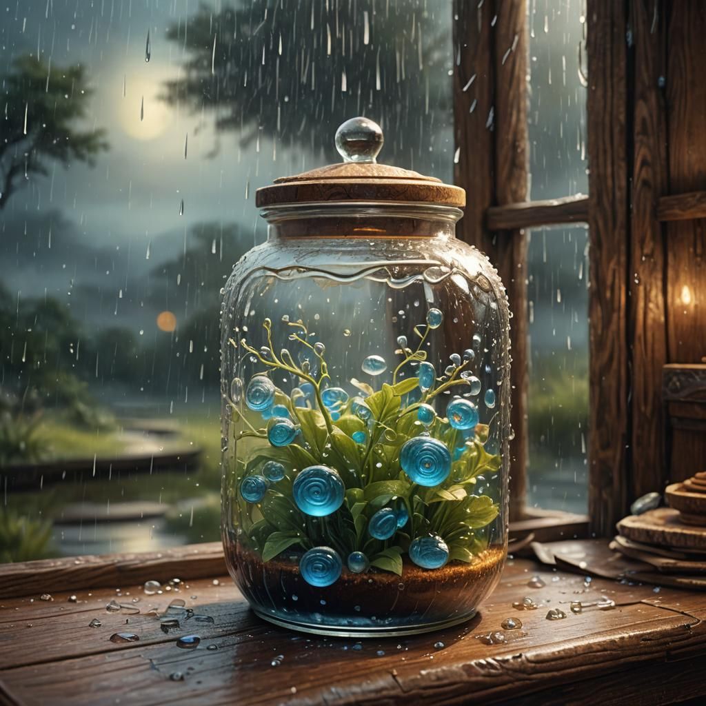 Rain-Filled Jar on Wooden Shelf: Fantasy Oil Painting