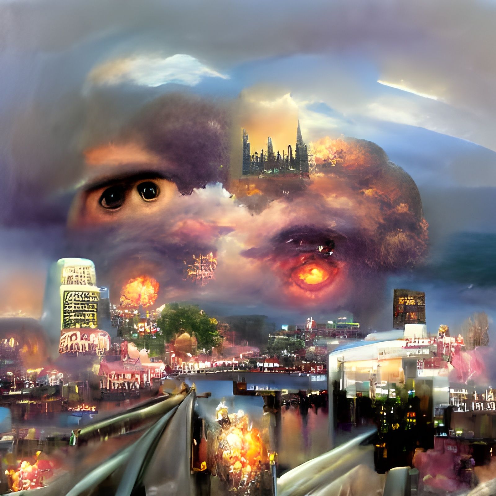 Nuclear Blast Over City in Kinkade Style