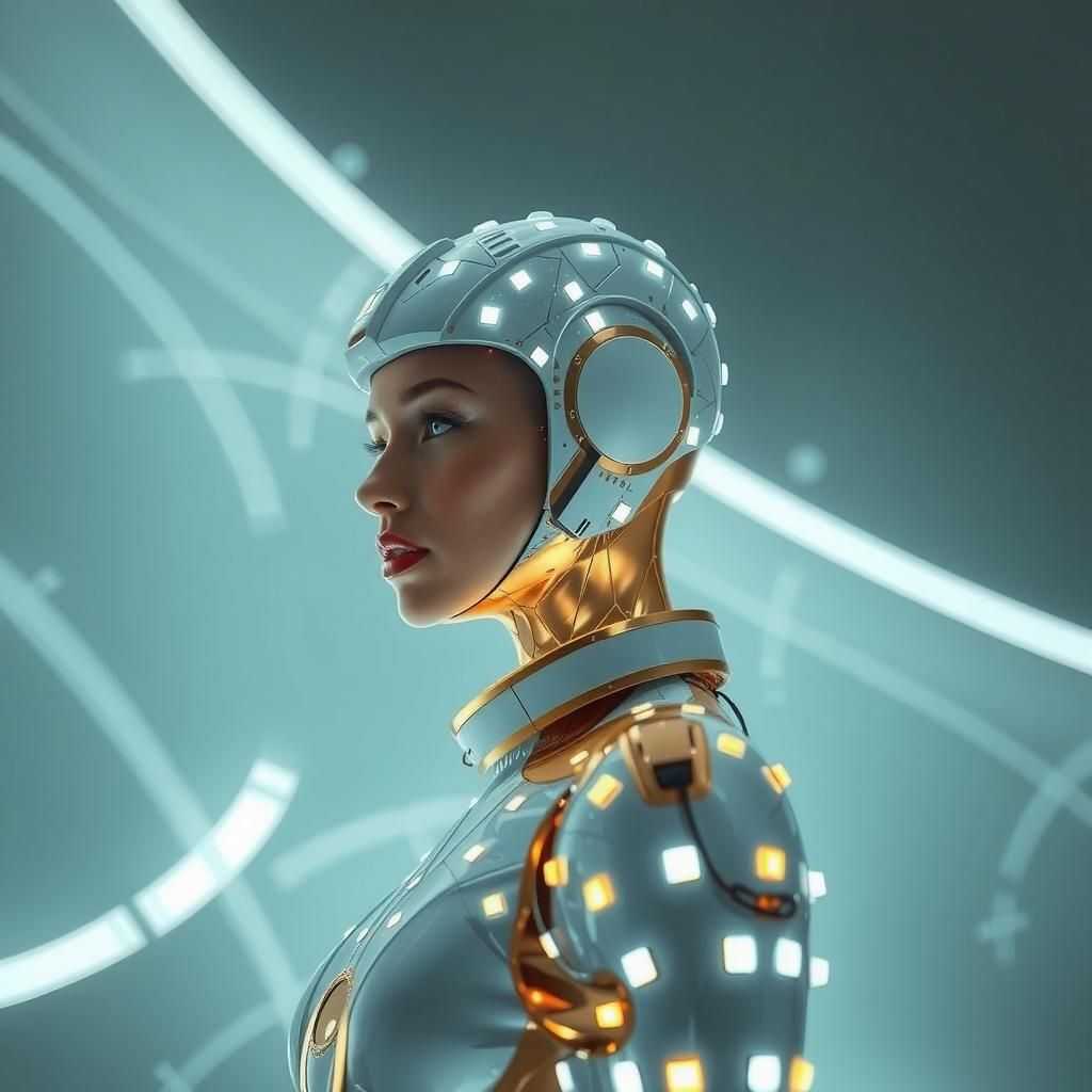 Futuristic Celestial Cyborg in White and Gold