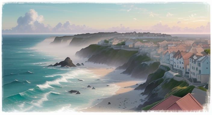 Luminous Coastal Village in Soft Painterly Realism