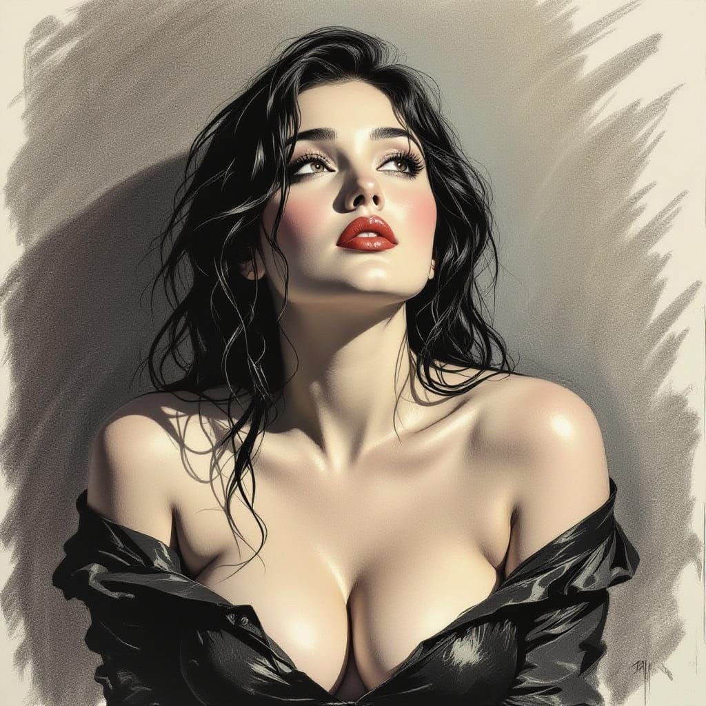 Thoughtful Woman with Wet Hair in Charcoal Style