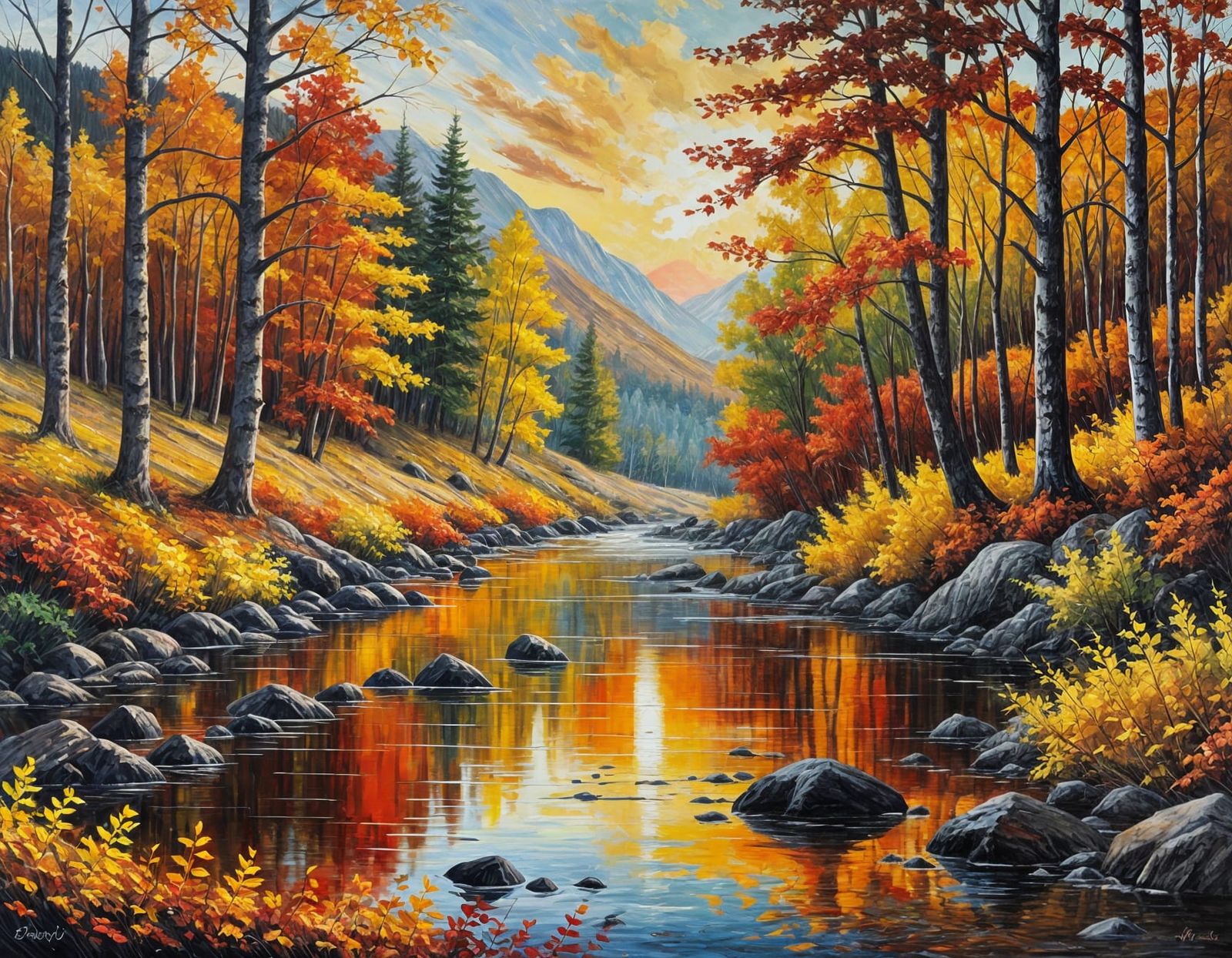 Autumn Sunset Landscape in Vibrant Impasto Oil Painting