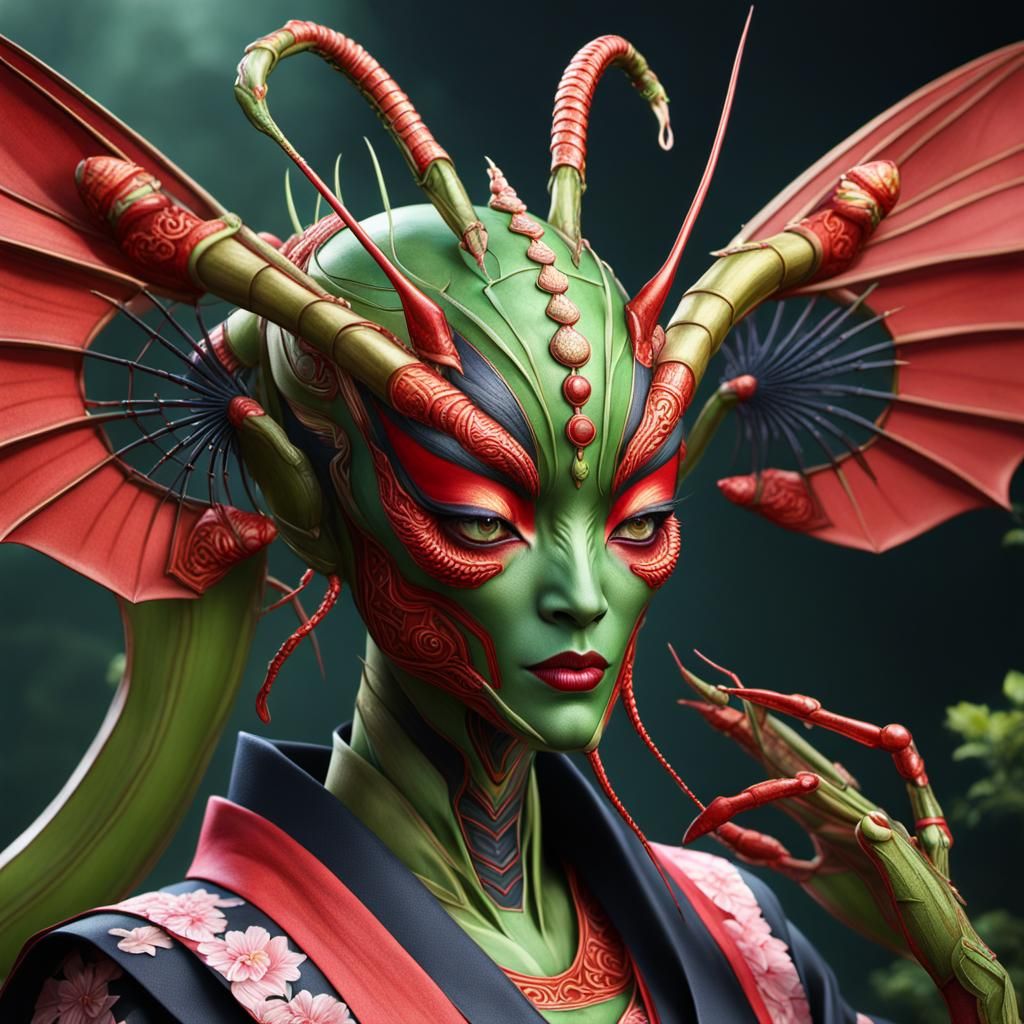 Devil Praying Mantis with Geisha Face: Detailed Digital Art