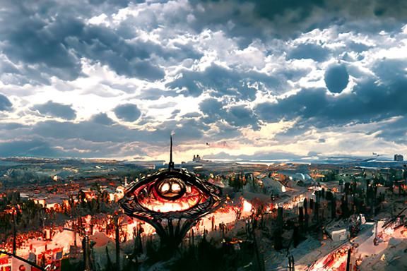 Colossal Eye Watches Town: Art Nouveau Rococo Concept