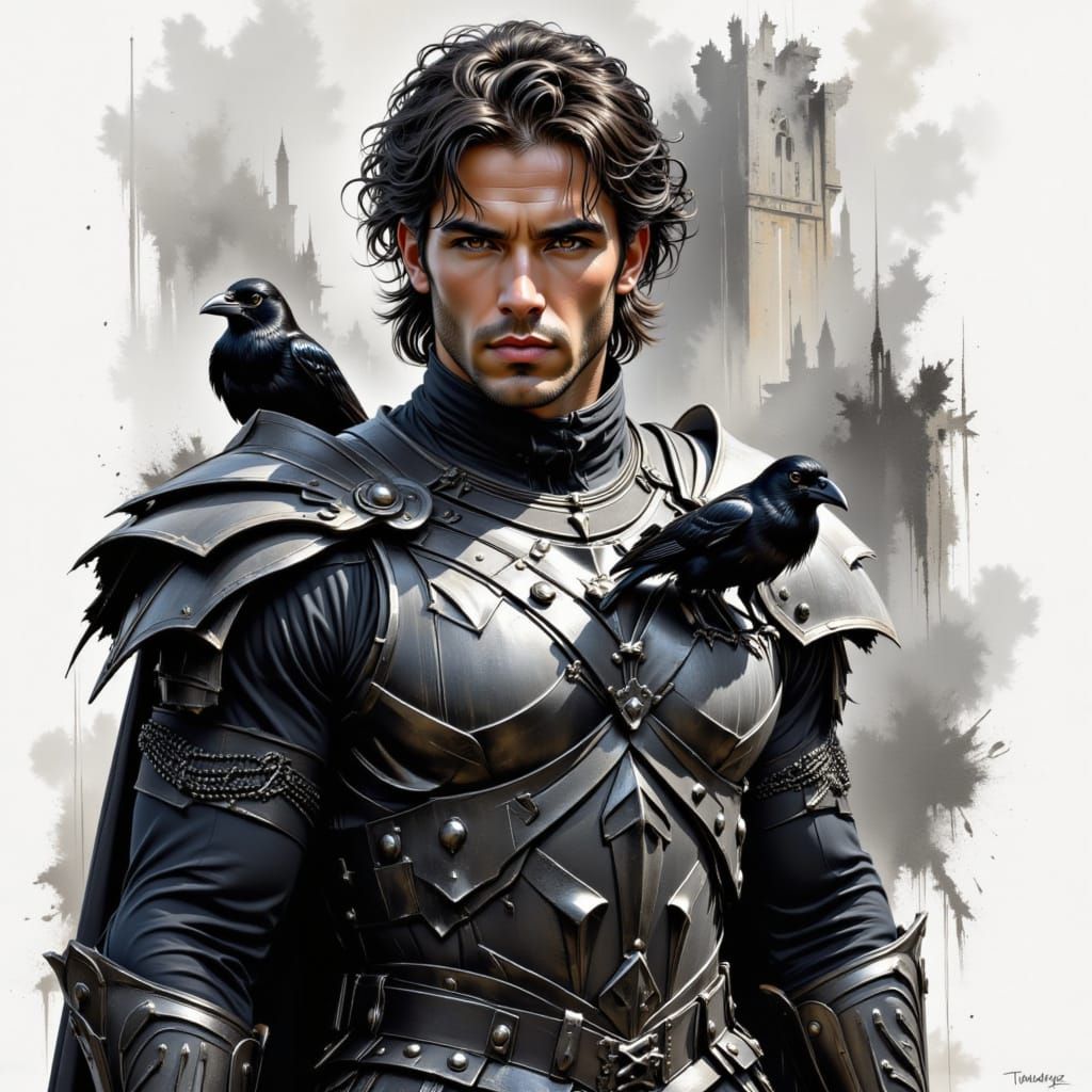 Fantasy Paladin Portrait with Raven in Comic Book Style