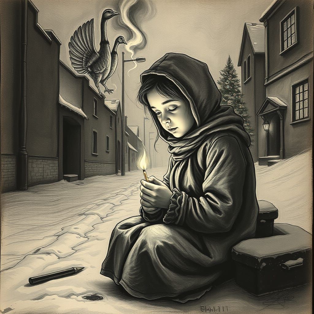 The Little Match Girl Charcoal Drawing in Twilight