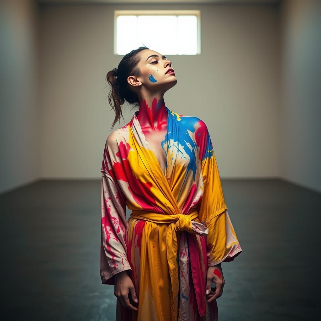 Woman in Paint-Splattered Robe in Empty Studio
