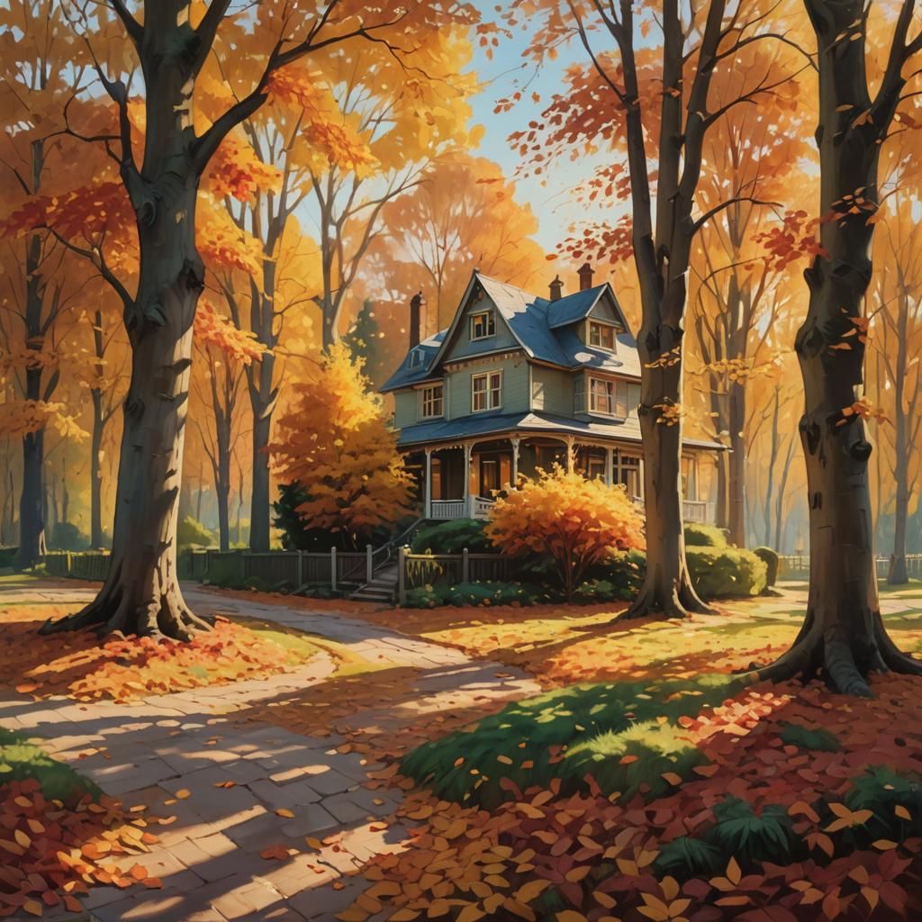 Charming House Among Vibrant Autumn Trees in Oil