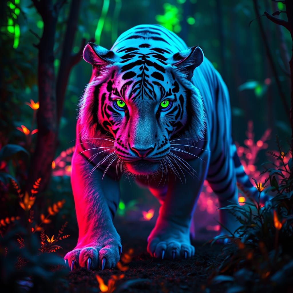 White Tiger in Fluorescent Forest, Digital Matte Painting