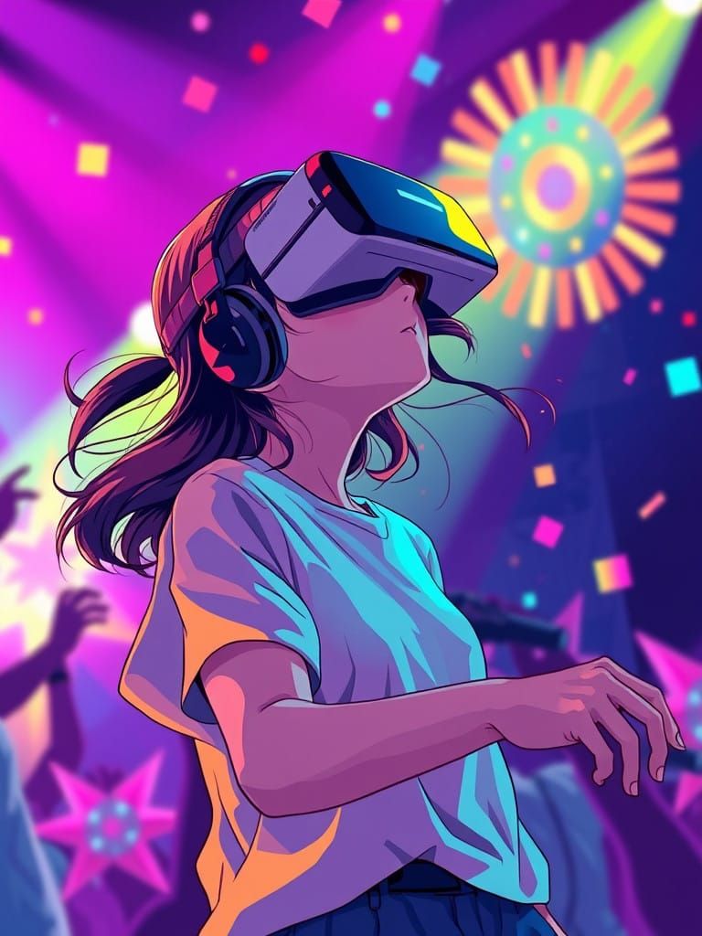 Girl Dancing in VR Concert Scene with Anime Lighting