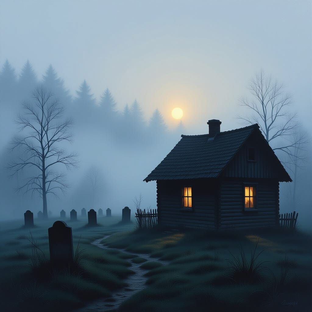 Moody Cabin Near Graveyard in Mist