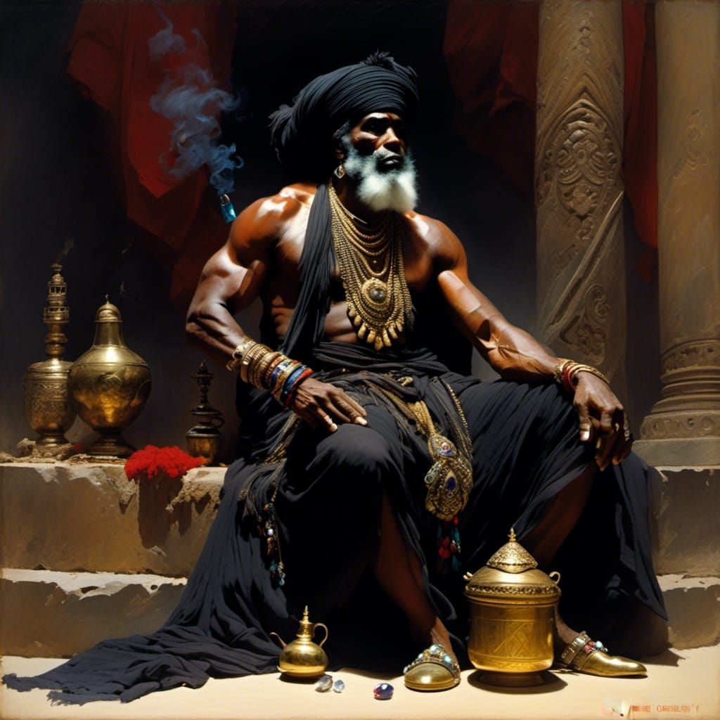 Muscular Genie Portrait with Brass Bottle