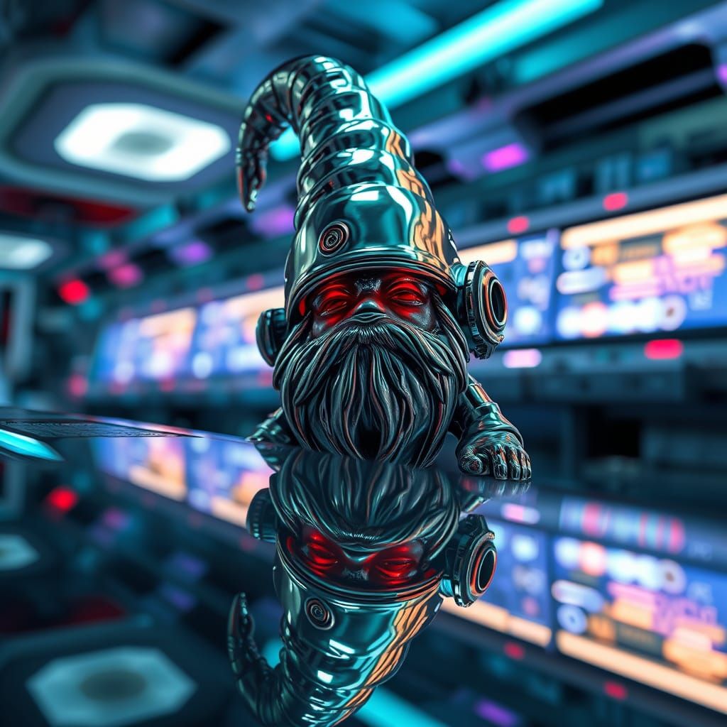Futuristic Gnome's Chrome Reflection in Digital Art