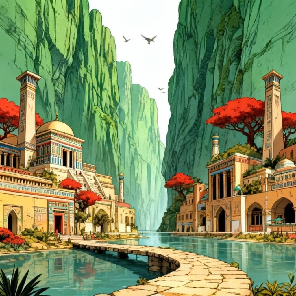 Egyptian and Arabic Buildings in Moebius Style