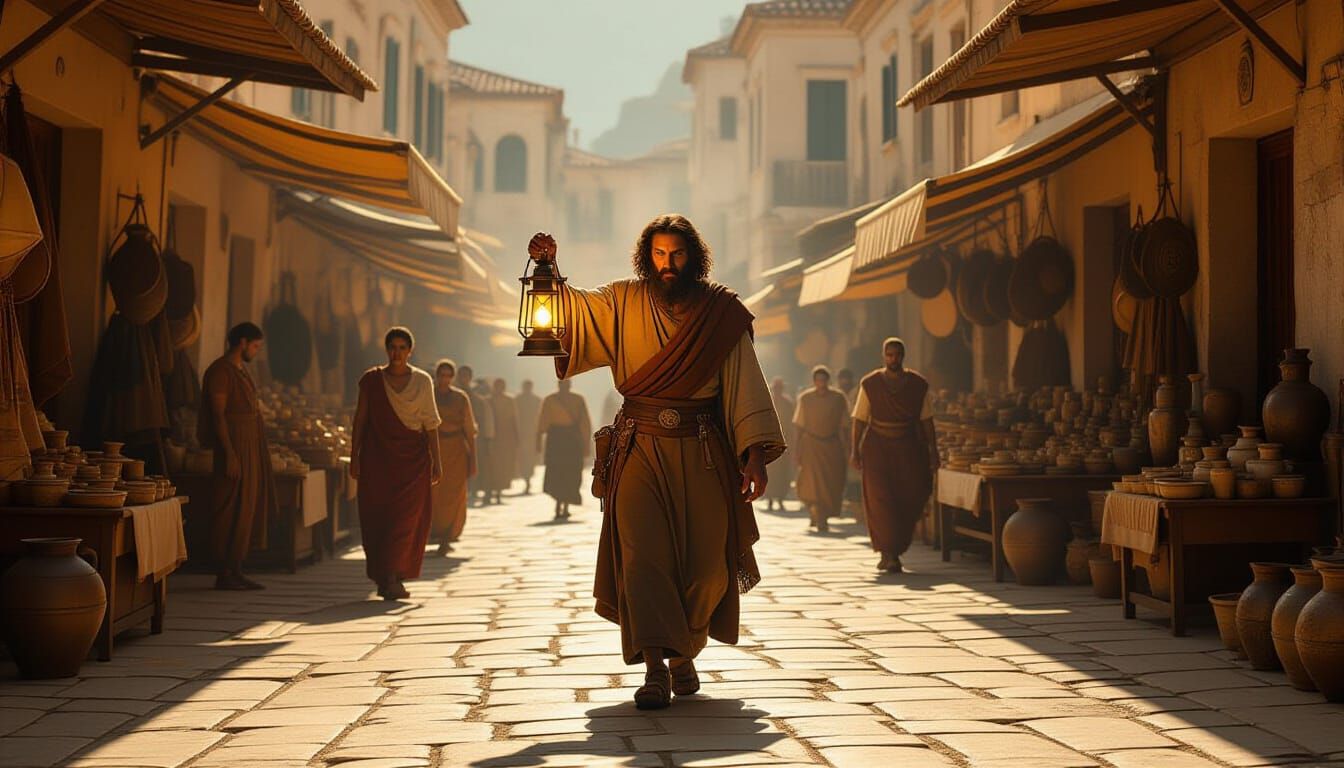 Philosopher with Glowing Lantern in Ancient Greek Market
