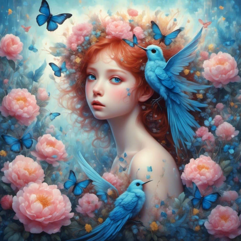 Girl Watching Bluebird Chick in Pastel Art