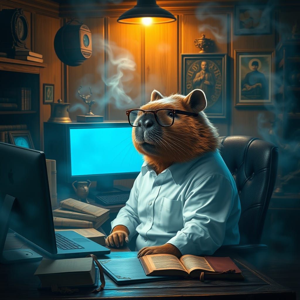 Fantasy Businessman Capybara in Mystical Office