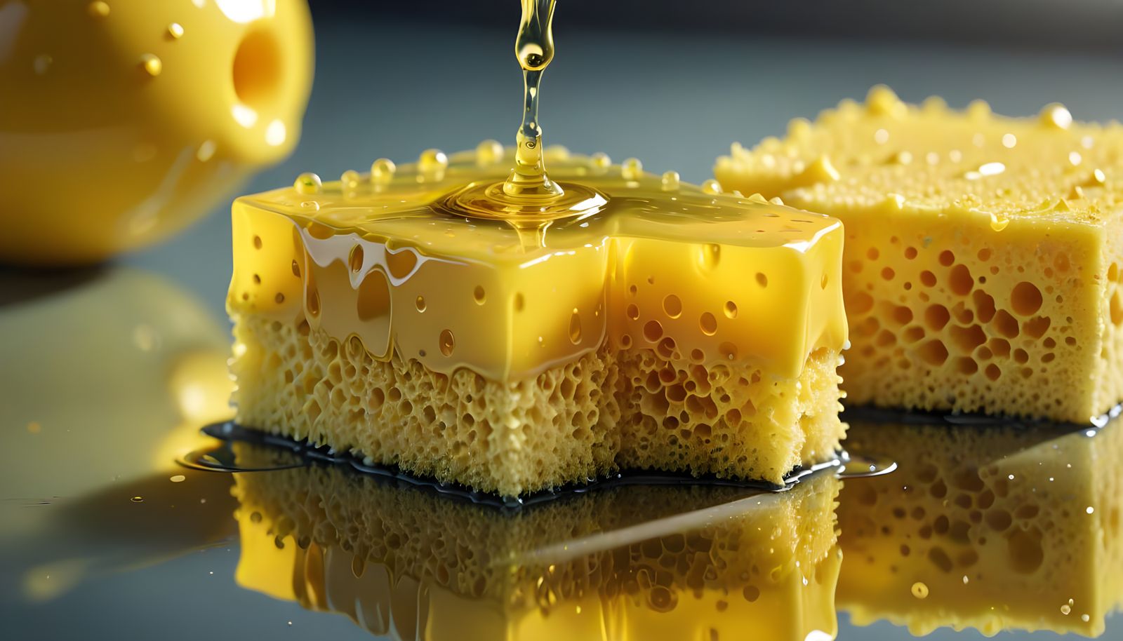 Yellow Cleaning Spray Bottle and Sponge on a Reflective Surf...