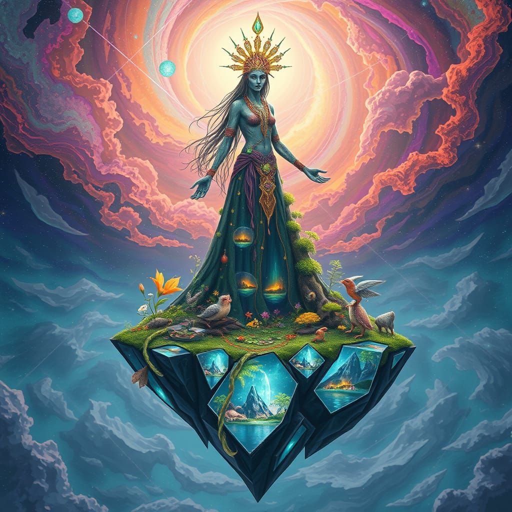 Mystical Shaman on Floating Island in Anime Style