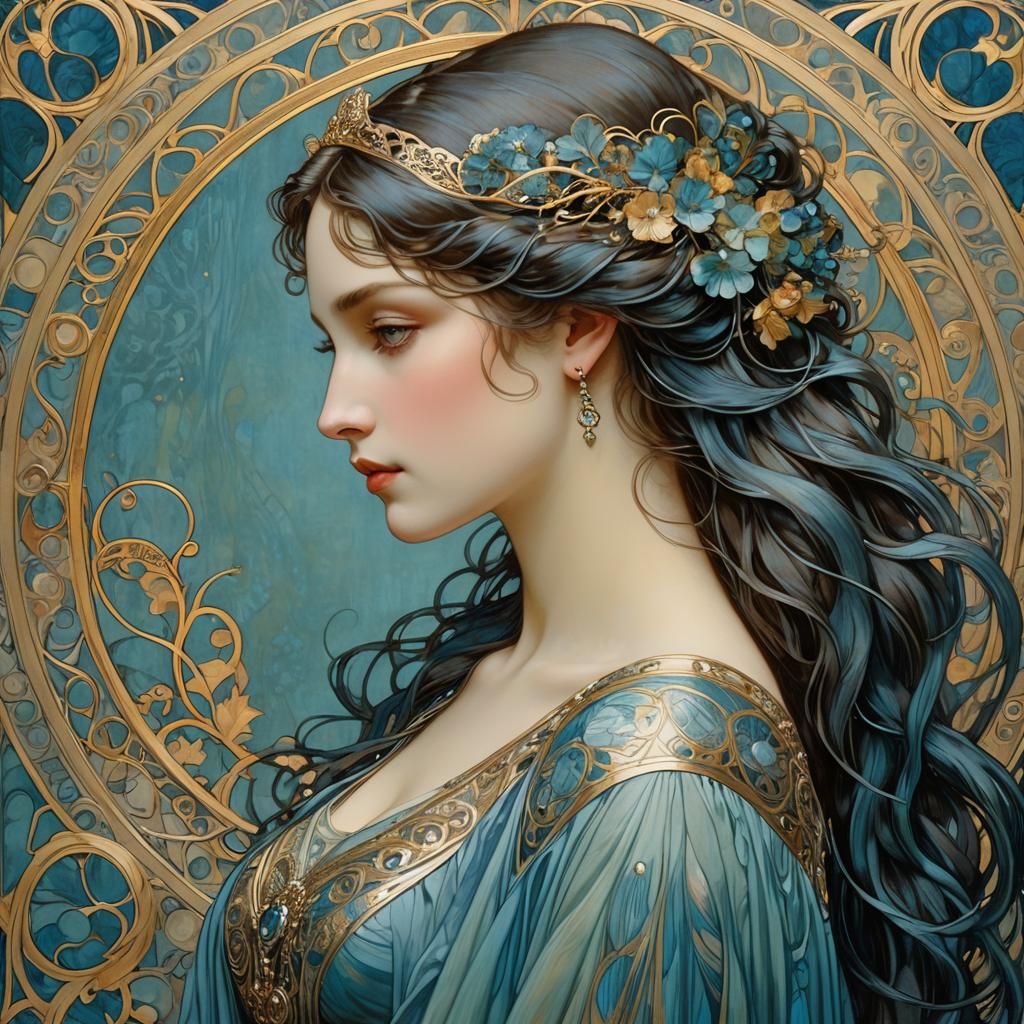 profile portrait of the maiden Guinevere, Art Nouveau style