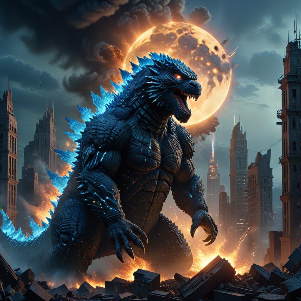 Godzilla Breathes Blue Fire Over Ruined City