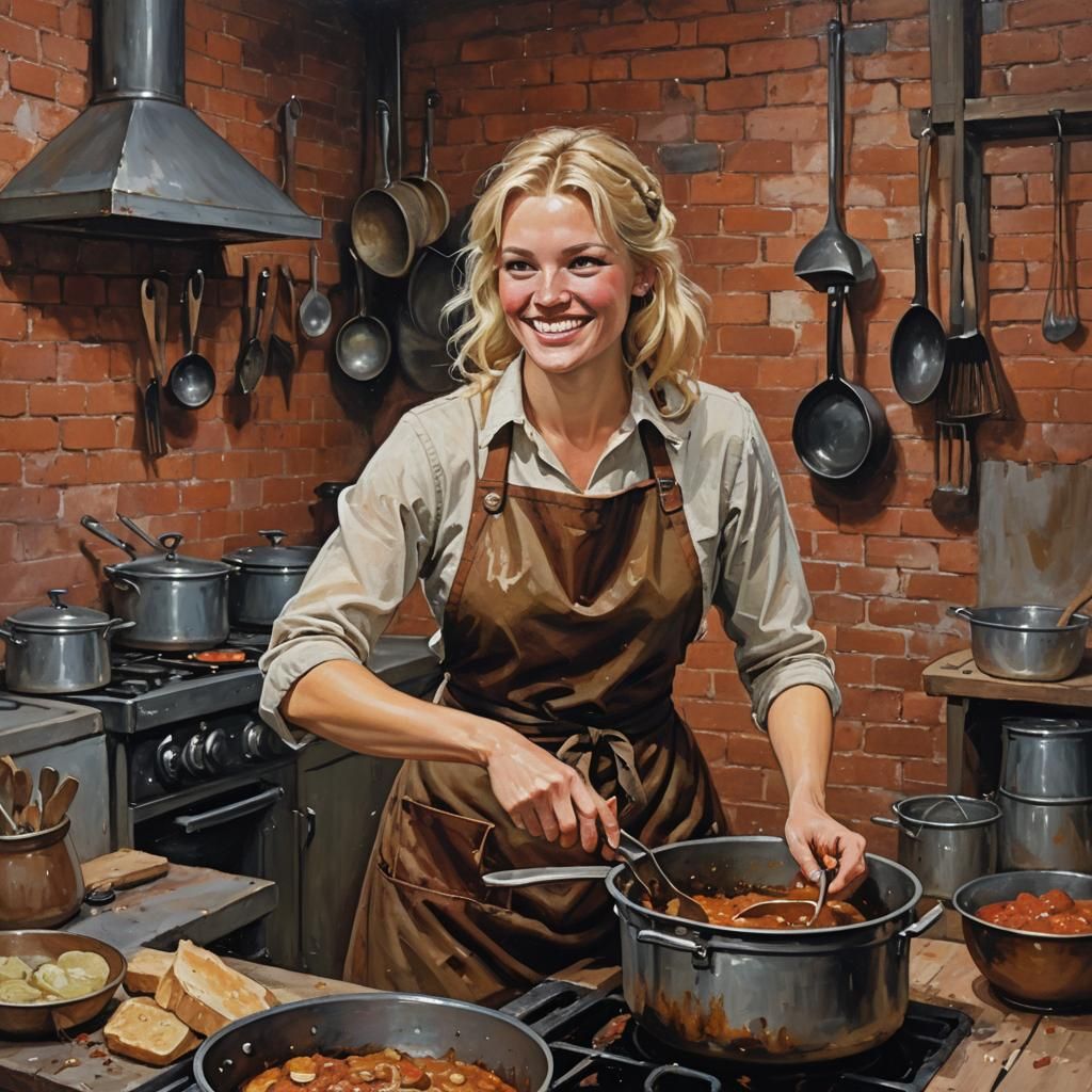 Woman Cooking Dinner in a Dirty Kitchen as Oil Painting