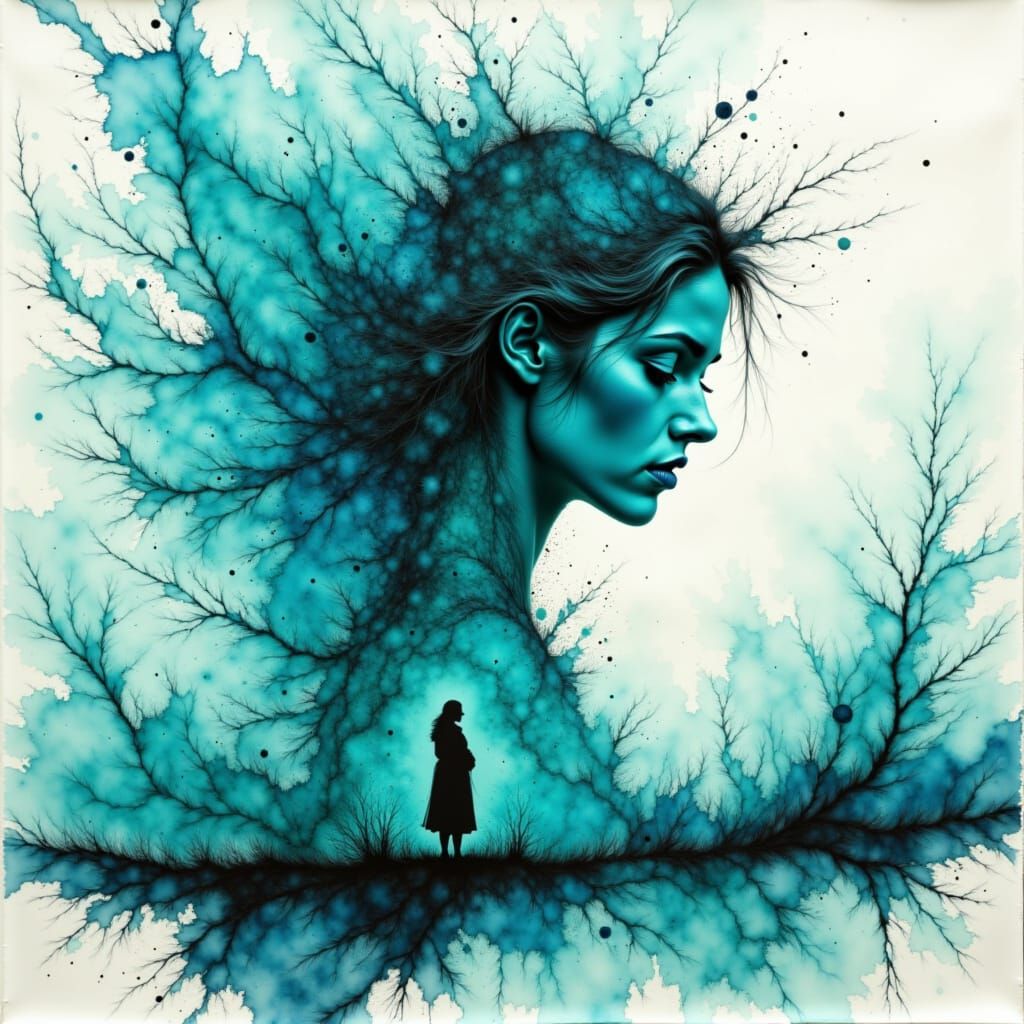 Female Silhouette in Golden Mist with Turquoise Mosaics