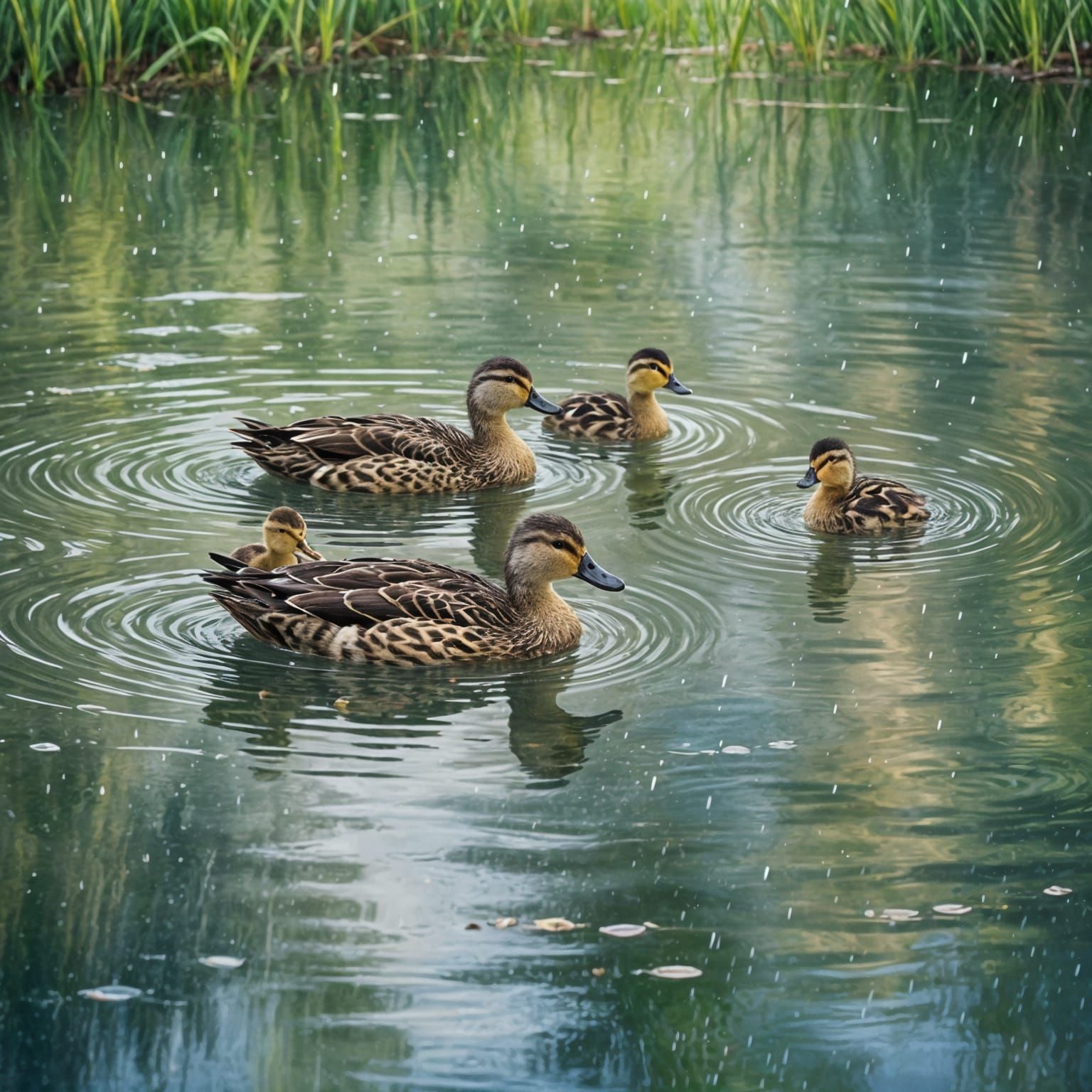 Duck and Ducklings in the Rain
