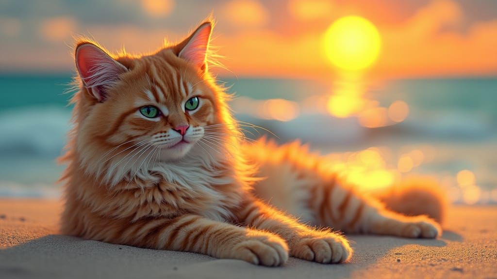 Fluffy Cat Lounging on Beach at Sunset