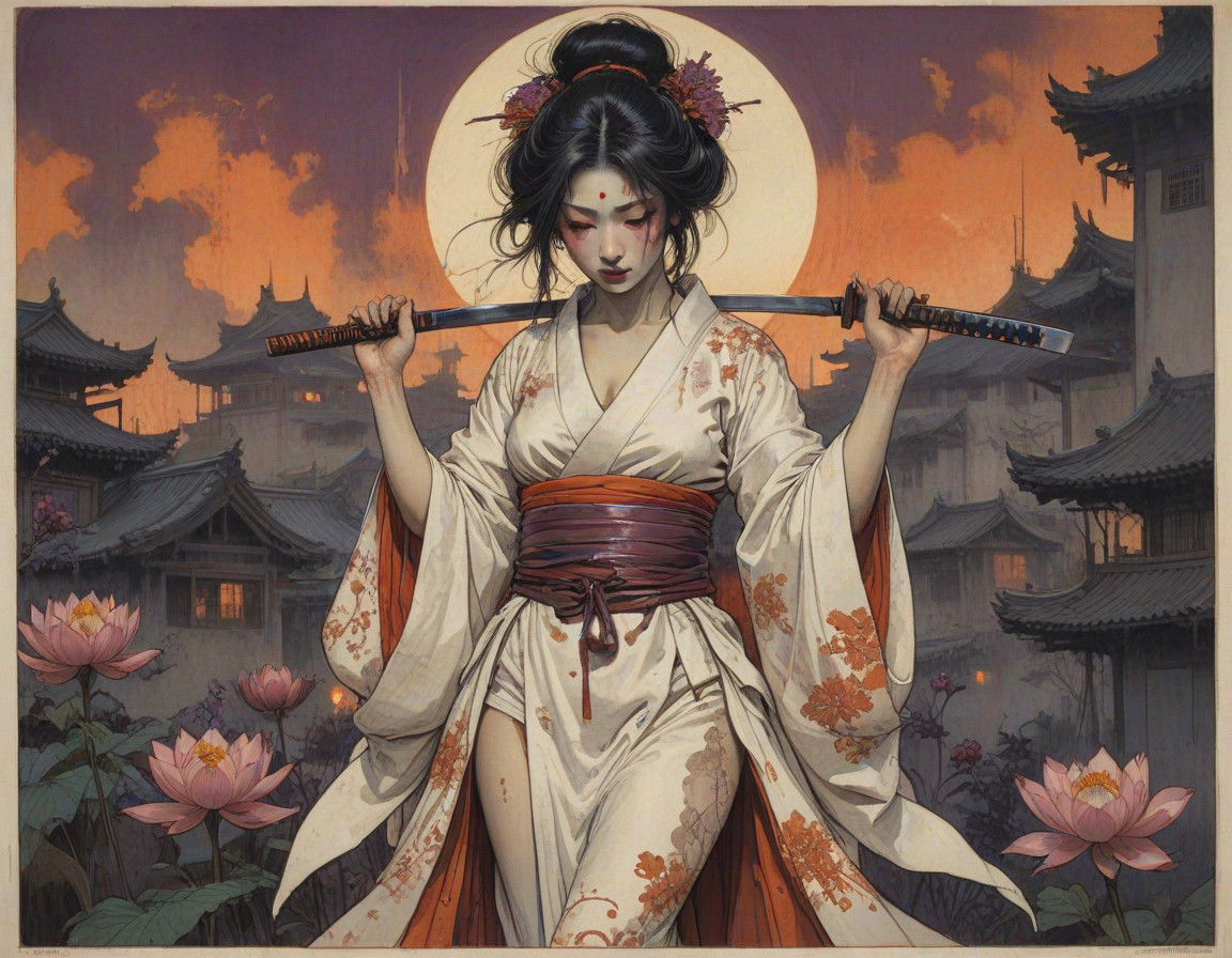 Enigmatic Geisha Amidst Smoldering Ruins