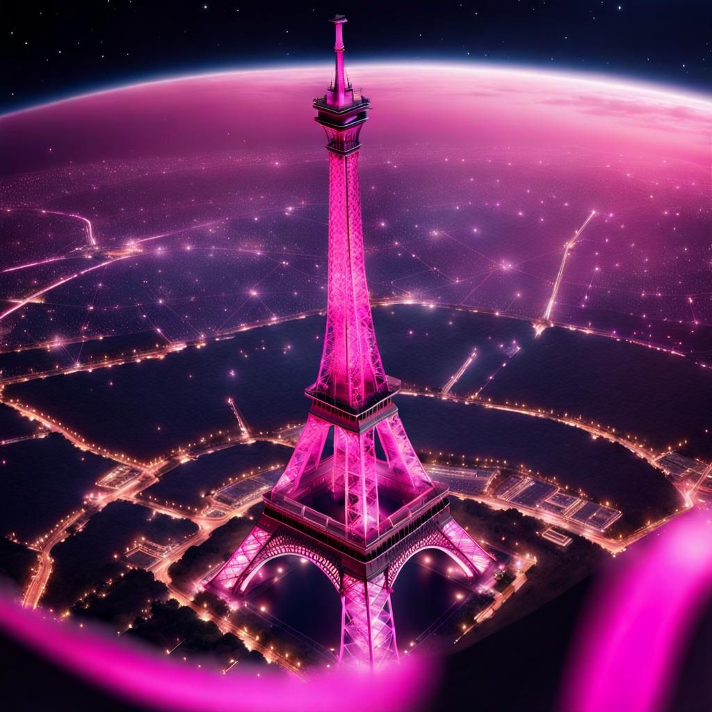 Pink Eiffel Tower Orbiting Earth from Space