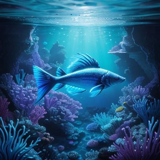 Betta Fish in Bioluminescent Underwater Cave