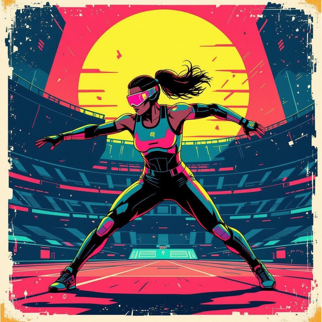 Retro-Futuristic Athlete in Neon Stadium Poster