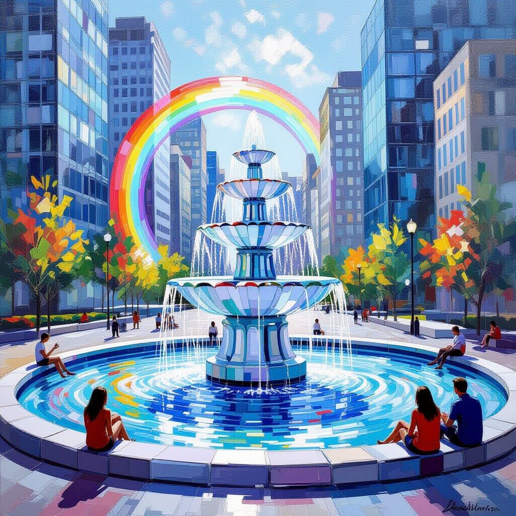 Sunlit Fountain in City Plaza, in Impasto Style