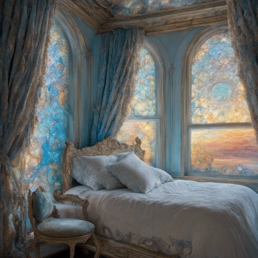 Dream Bedroom with Light Blue Color in Fantasy Art Style
