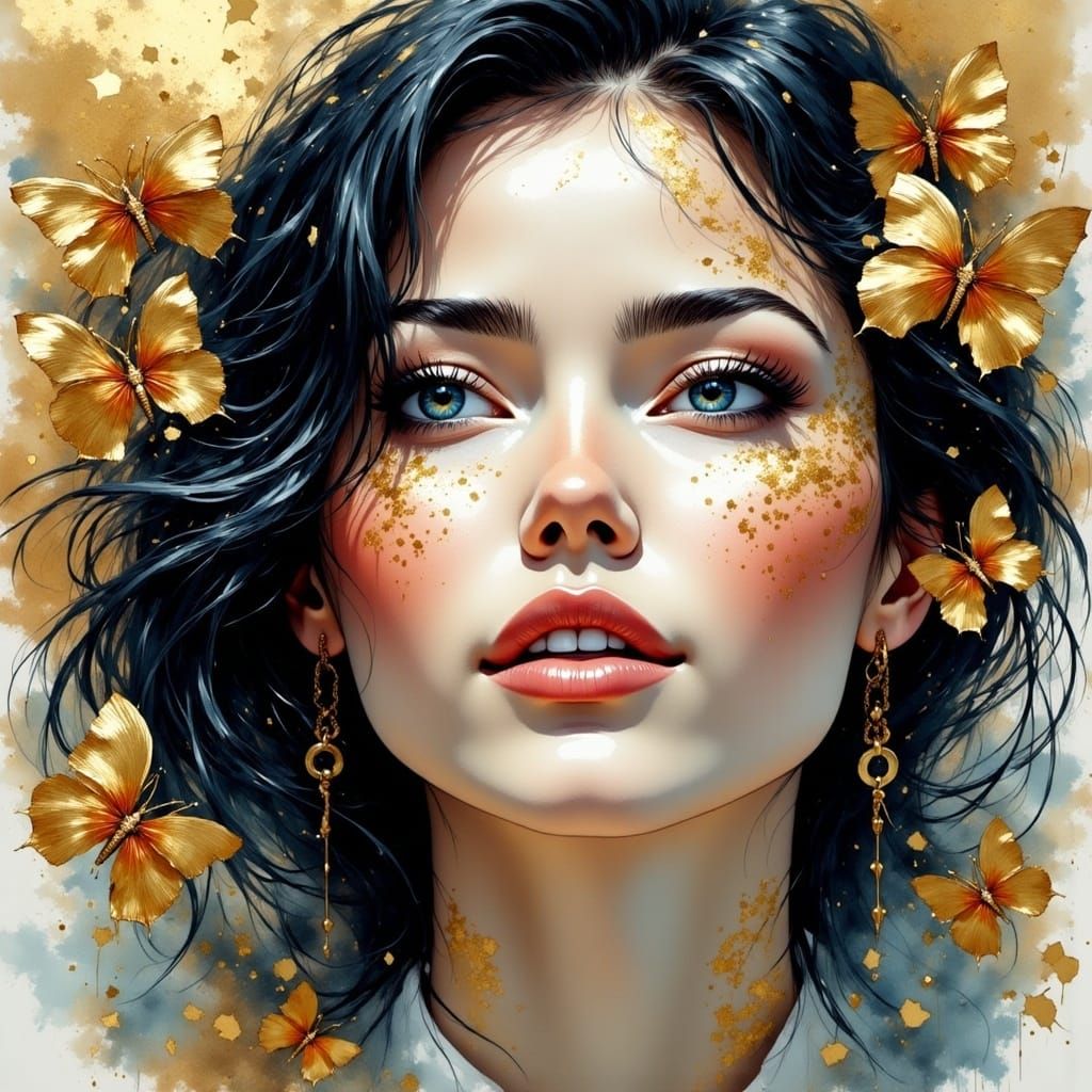 Serene Woman's Face in Vibrant Gouache Double Exposure