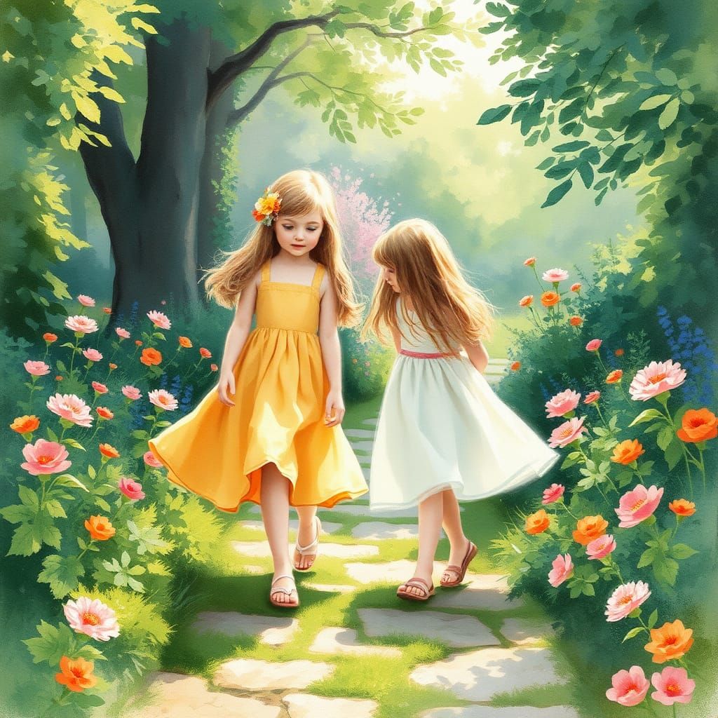 Girls in Garden: Impressionistic Watercolor Painting