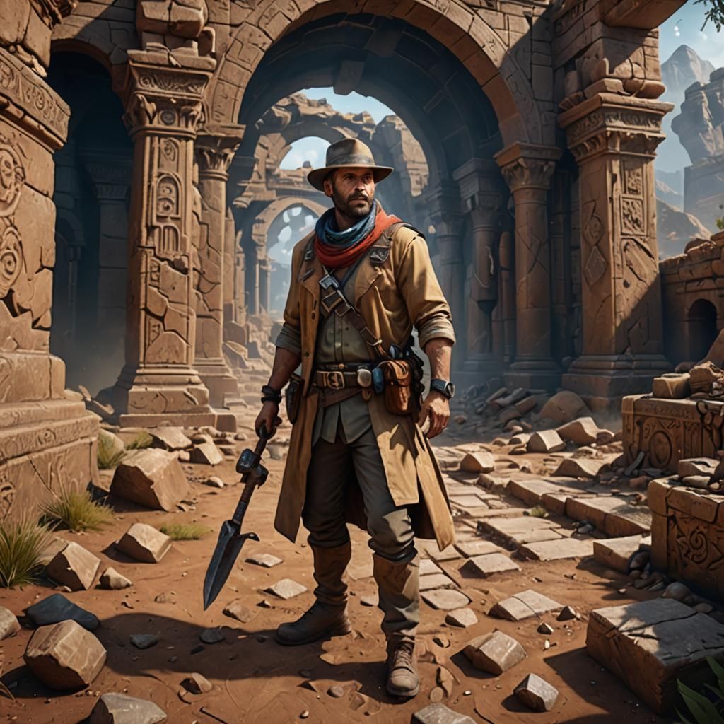 Photo Realistic Archeologist in Detailed Matte Painting
