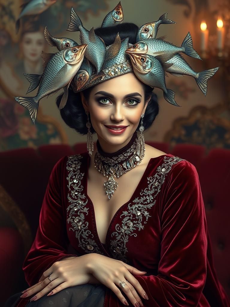 Surreal portrait of a woman wearing a hat made from diamonds...